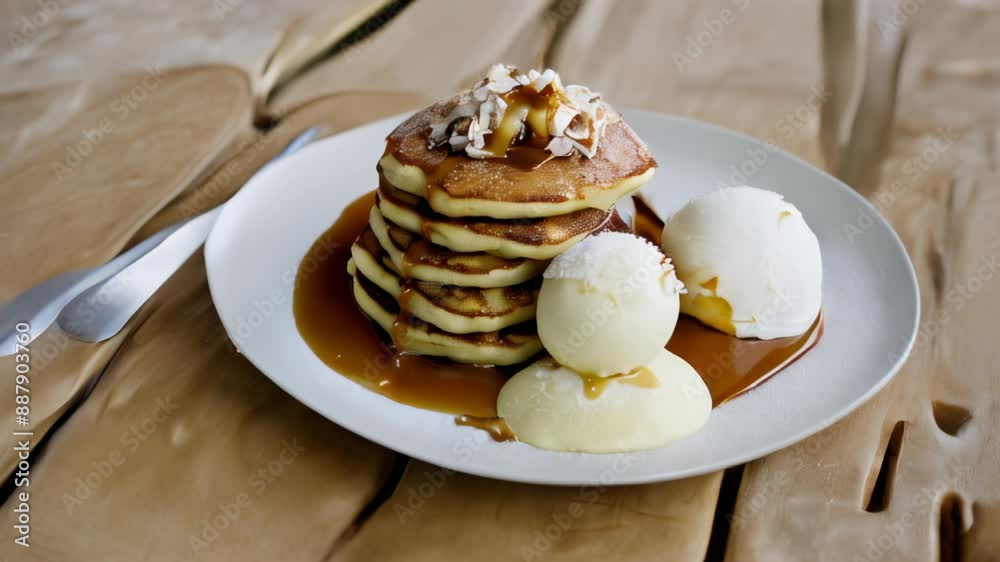 Deliciously indulgent pancake stack with maple syrup and whipped cream Deliciously indulgent pancake stack with maple syrup and whipped cream