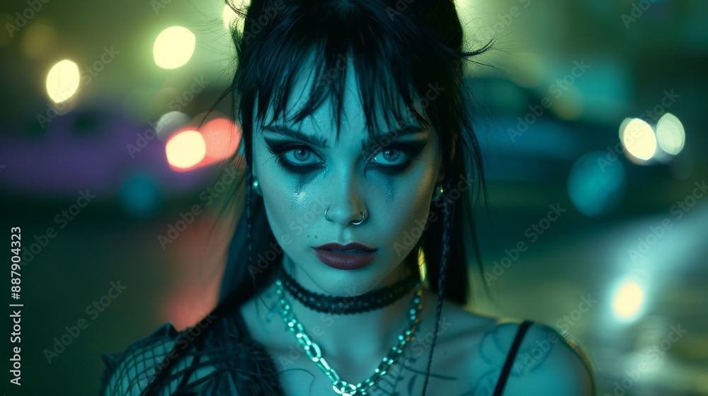 Goth styled inspired woman, fashion and make-up outdoor street portrait shoot. Night time. Gothic, Goth, Emo, New Wave, Dark style fashion. Dark smokey make-up, red lipstick. Dramatic. Elegant.	