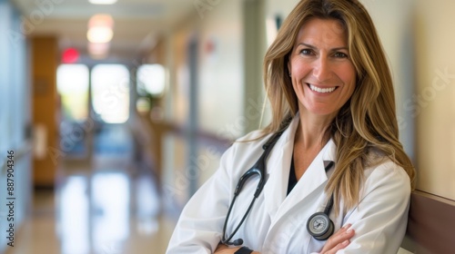 Friendly healthcare professional in white coat and stethoscope