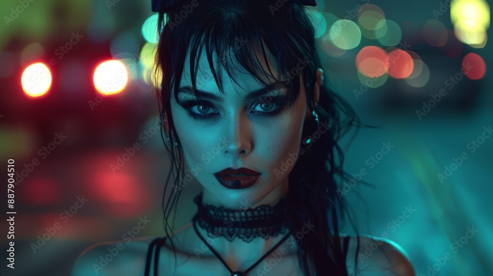 Goth styled inspired woman, fashion and make-up outdoor street portrait shoot. Night time. Gothic, Goth, Emo, New Wave, Dark style fashion. Dark smokey make-up, red lipstick. Dramatic. Elegant. Goth styled inspired woman, fashion and make-up outdoor street portrait shoot. Night time. Gothic, Goth, Emo, New Wave, Dark style fashion. Dark smokey make-up, red lipstick. Dramatic. Elegant.
