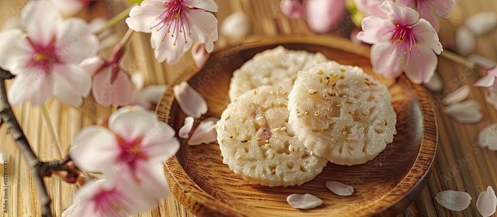 Image of cherry blossom on a rice cracker a traditional Japanese spring snack with copy space for customization Image of cherry blossom on a rice cracker a traditional Japanese spring snack with copy space for customization
