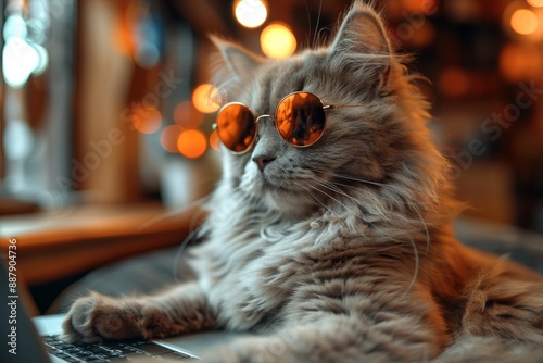 a fluffy white cat with glasses or sunglasses sits attentively at a laptop, offering a whimsical take on feline intelligence.