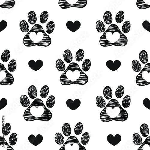 Black and white paw prints with hearts pattern