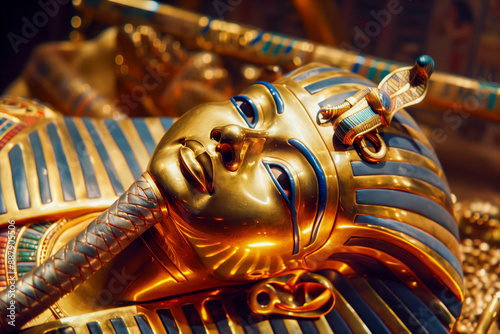Pharaoh Tutankhamun's tomb being discovered by archaeologist Howard Carter in the Valley of the Kings, with treasures such as the golden death mask and elaborate burial artifacts gleaming