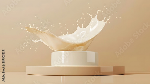 cream product podium mockup with dynamic liquid milk splash on light gold background, cosmetic beauty skincare advertising design, 3d render mock up photo