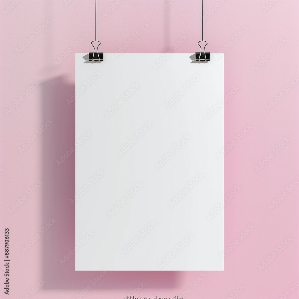 Mock up White poster hanging on a small clip, clean pink wall background, Ai generated Images
