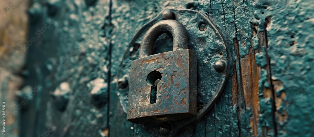 Close up of an antique iron padlock mounted on a metal door creating copy space within the image Close up of an antique iron padlock mounted on a metal door creating copy space within the image