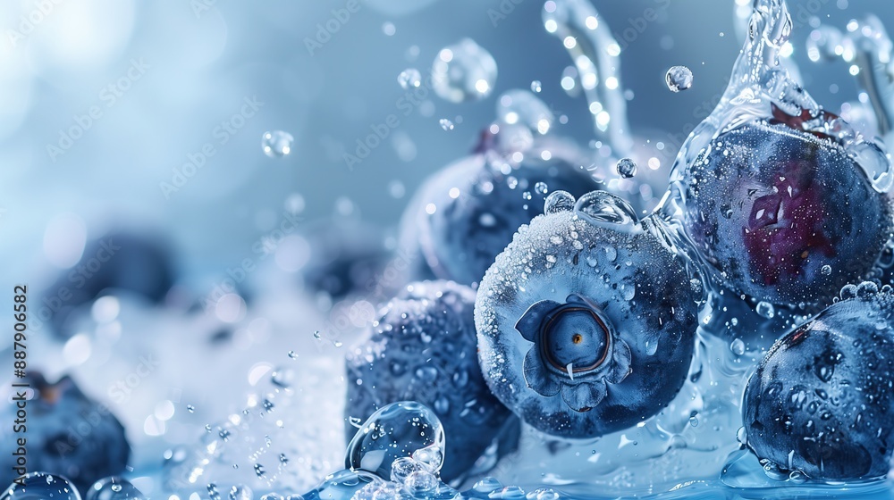 Fresh and ripe blueberries splashing water on a blue background, with copy space Fresh and ripe blueberries splashing water on a blue background, with copy space