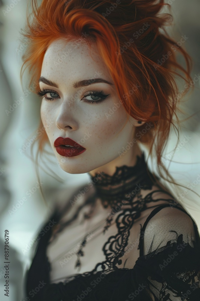 Fototapeta premium Red haired Goth style inspired woman, fashion and make-up shoot Portrait. Gothic, Goth, Emo, New Wave, Dark style fashion. Dark smokey make-up, red lipstick. Dramatic. Elegant. 