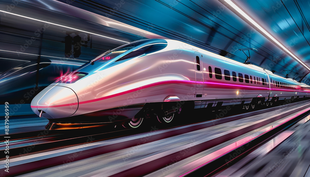Cutting-edge high-speed train zoom through neon lit tunnel, stream shape, glossy exterior Cutting-edge high-speed train zoom through neon lit tunnel, stream shape, glossy exterior