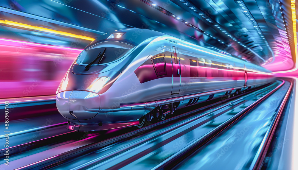 Cutting-edge high-speed train zoom through neon lit tunnel, stream shape, glossy exterior Cutting-edge high-speed train zoom through neon lit tunnel, stream shape, glossy exterior