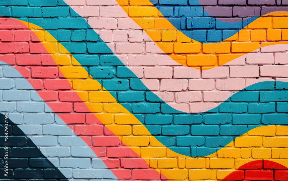 Naklejka premium Colorful brick wall mural with vibrant wavy patterns in shades of pink, blue, yellow, and green creating a lively and artistic urban street scene.