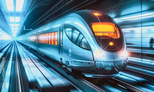 Cutting-edge high-speed train zoom through neon lit tunnel, stream shape, glossy exterior