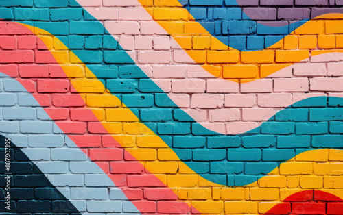 Colorful brick wall mural with vibrant wavy patterns in shades of pink, blue, yellow, and green creating a lively and artistic urban street scene.