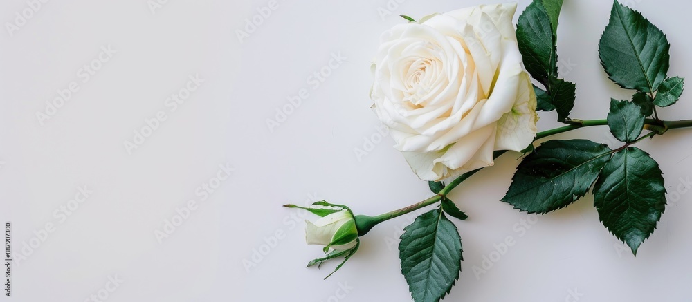 Fototapeta premium White rose displayed on a white backdrop with copy space image available