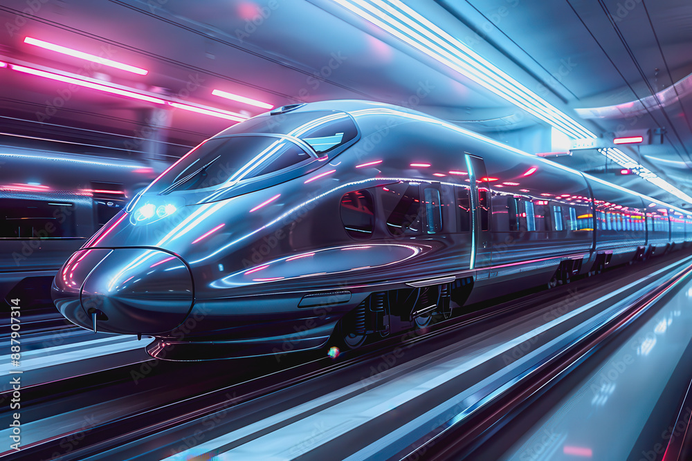 Fototapeta premium Cutting-edge high-speed train zoom through neon lit tunnel, stream shape, glossy exterior