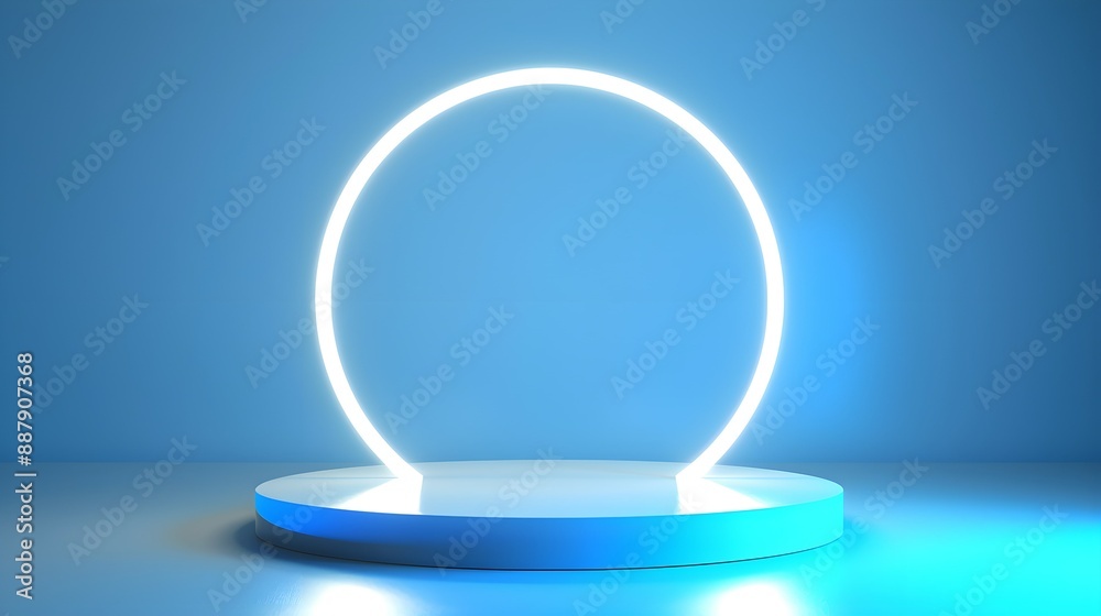 Minimalist neon circle on a white platform against a blue background. Modern and futuristic design with clean lines and vibrant lighting. Minimalist neon circle on a white platform against a blue background. Modern and futuristic design with clean lines and vibrant lighting.