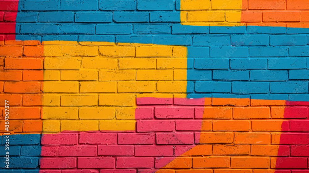 Vibrant graffiti mural on brick wall showcasing bold colors with abstract geometric patterns, perfect for urban art and street culture themes. Vibrant graffiti mural on brick wall showcasing bold colors with abstract geometric patterns, perfect for urban art and street culture themes.