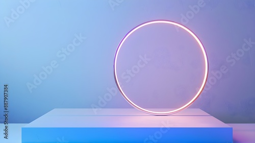 Minimalist neon circle on a white platform against a blue background. Modern and futuristic design with clean lines and vibrant lighting. 