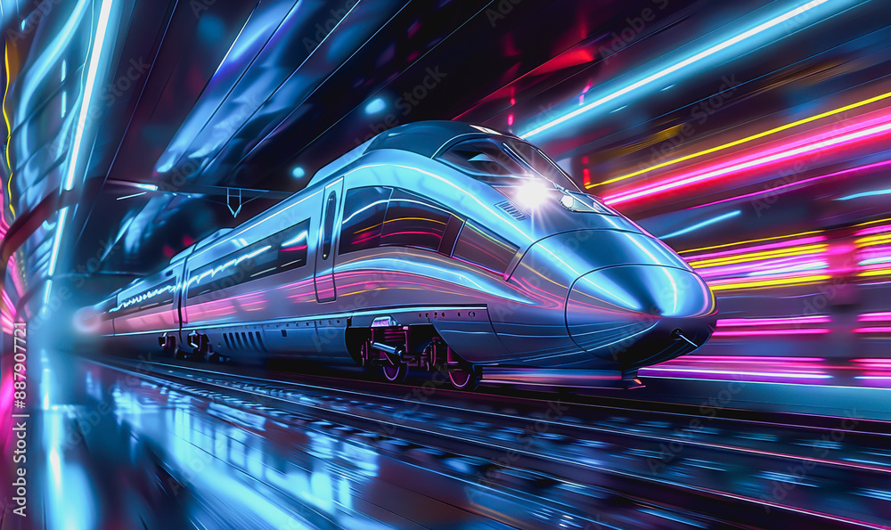 Fototapeta premium Futuristic high-speed train dashing through tunnel with blue neon lights, sleek and reflective design