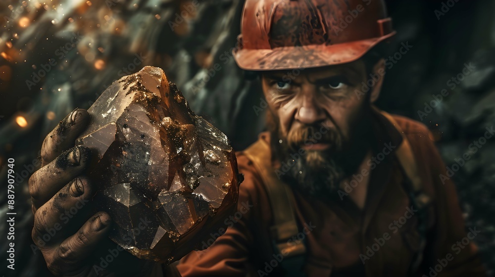 Miner holding a large chunk of raw mineral ore, highlighting the rugged and demanding nature of mining work. The image captures the essence of industry and perseverance Miner holding a large chunk of raw mineral ore, highlighting the rugged and demanding nature of mining work. The image captures the essence of industry and perseverance
