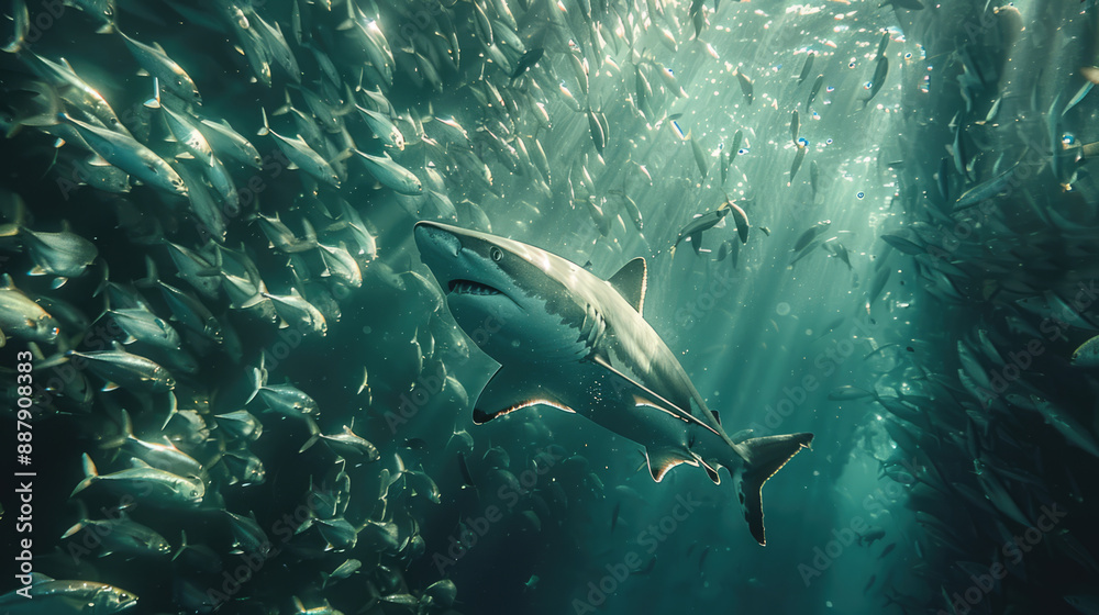 Fototapeta premium Underwater view of a shark hunting in a school of sardines