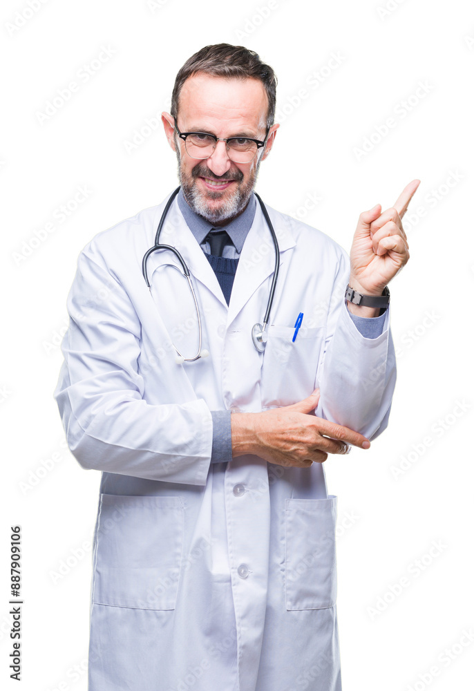 Middle age senior hoary doctor man wearing medical uniform isolated background with a big smile on face, pointing with hand and finger to the side looking at the camera. Middle age senior hoary doctor man wearing medical uniform isolated background with a big smile on face, pointing with hand and finger to the side looking at the camera.