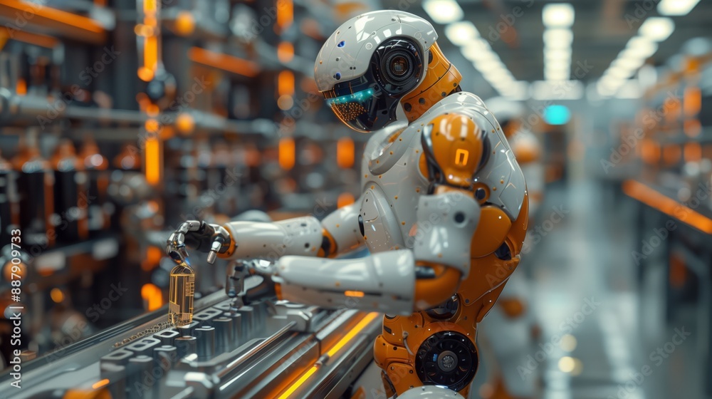 A futuristic robot operates on an assembly line in a modern factory, demonstrating the impact of robotics on industrial efficiency. A futuristic robot operates on an assembly line in a modern factory, demonstrating the impact of robotics on industrial efficiency.