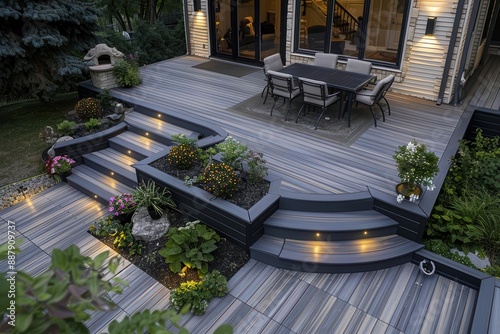 sophisticated ash grey composite decking with twolevel design deck lights and landscaped garden ideal outdoor living space photo