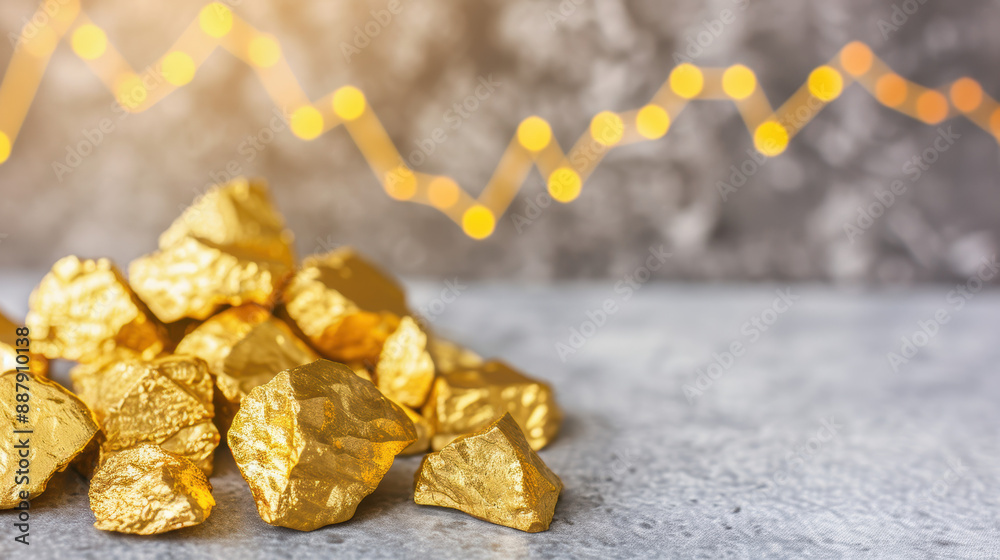 Pile of shiny gold nuggets on a gray surface with a blurred line graph in the background, symbolizing investment and market trends.