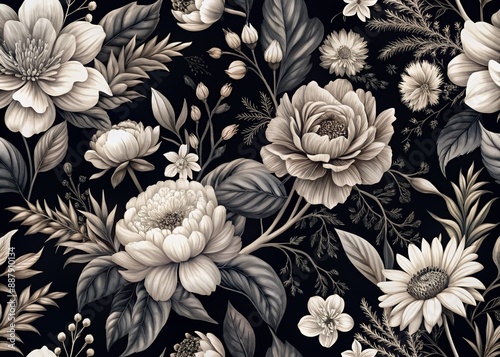 Elegant black and white floral pattern blooms on a mysterious dark background, showcasing intricate details and subtle texture in a striking, high-contrast design. photo