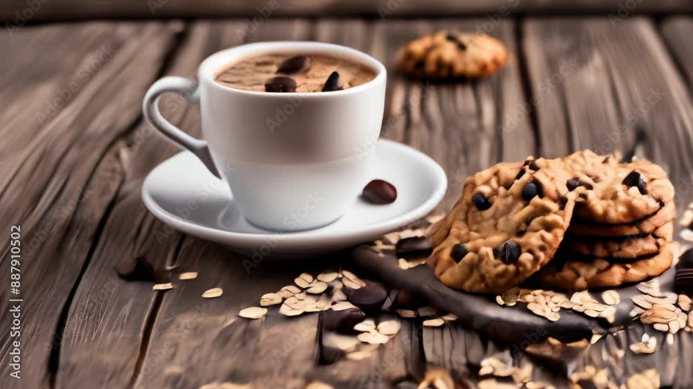 Deliciously cozy A warm cup of cocoa and a stack of cookies on a rustic wooden table Deliciously cozy A warm cup of cocoa and a stack of cookies on a rustic wooden table