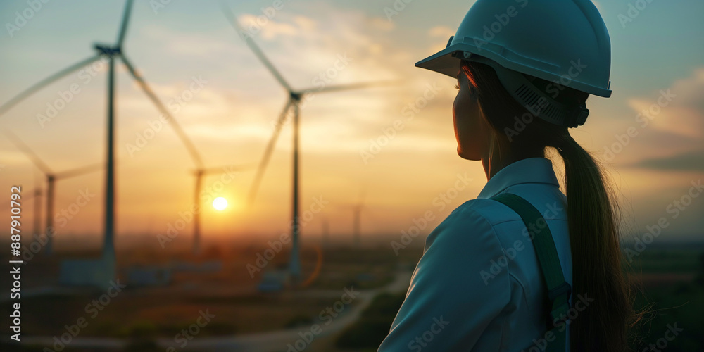 Female engineer wearing a helmet standing confidently with arms crossed in front of wind turbines.
Female engineer wearing a helmet standing confidently with arms crossed in front of wind turbines.