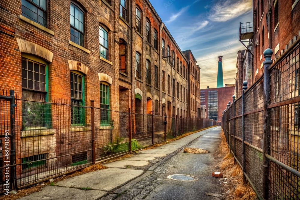 Fototapeta premium Industrial decay: abandoned grunge urban street lined with rusty fences, worn-out pavement, and worn brick warehouse walls, oozing urban grit and neglect.