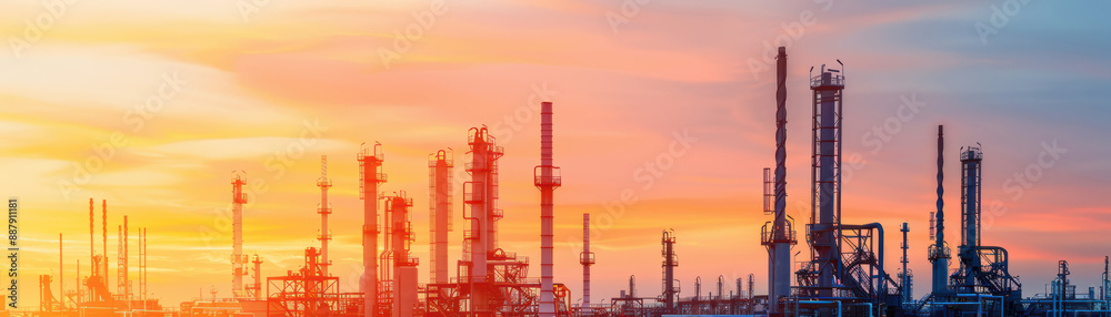 Sunset industrial landscape featuring silhouettes of refinery towers and chimneys against a vibrant sky, capturing the essence of modern industry. Sunset industrial landscape featuring silhouettes of refinery towers and chimneys against a vibrant sky, capturing the essence of modern industry.