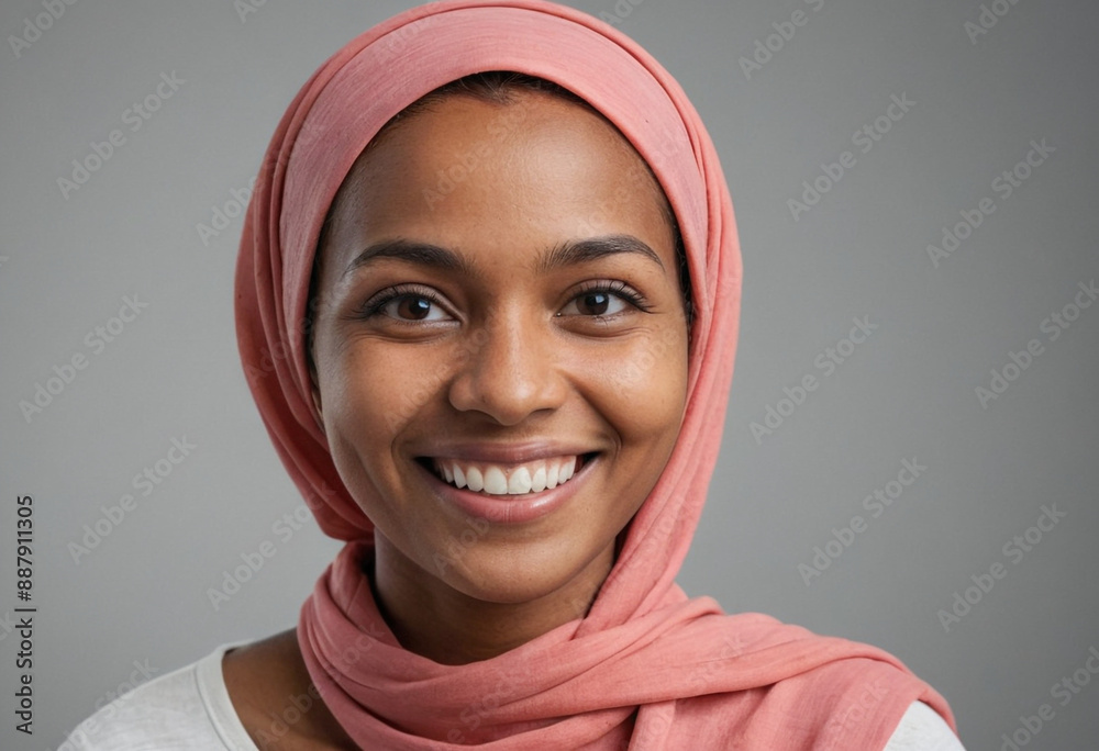 Portrait view of a regular happy smiling Comoros woman, ultra realistic, candid, social media, avatar image, plain solid background