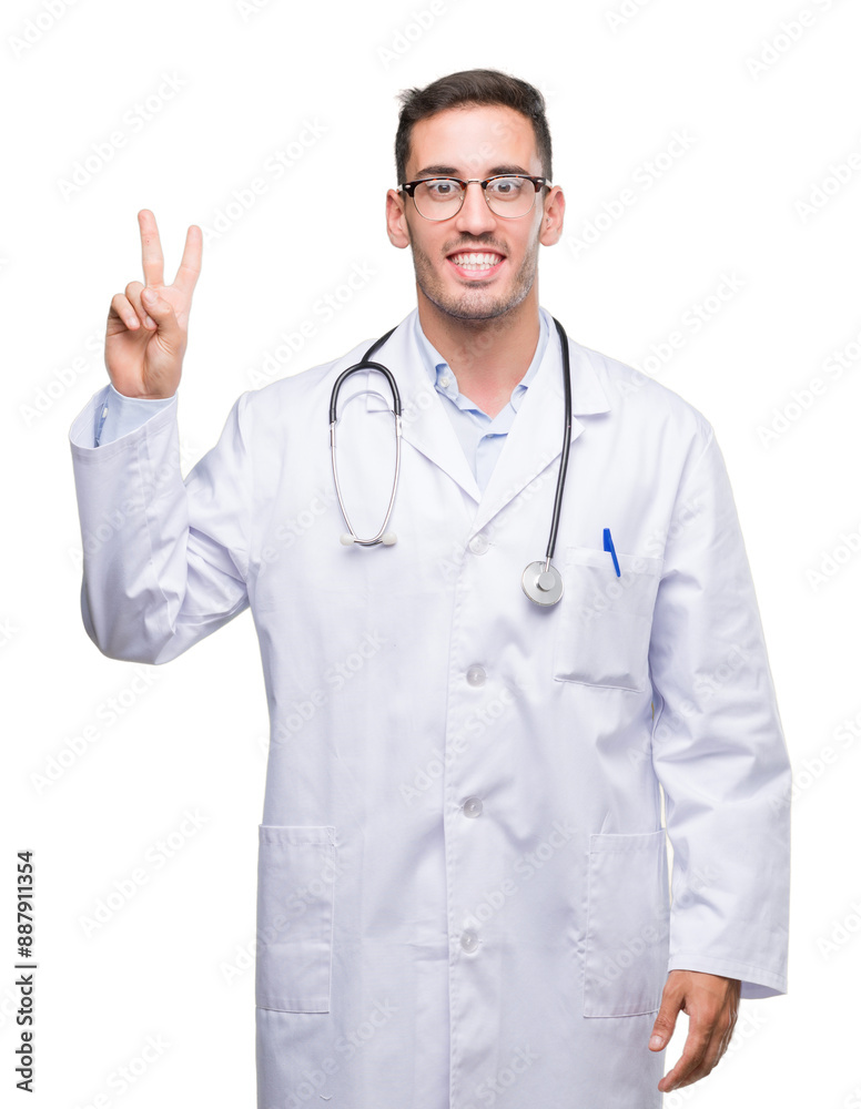 Handsome young doctor man showing and pointing up with fingers number two while smiling confident and happy. Handsome young doctor man showing and pointing up with fingers number two while smiling confident and happy.