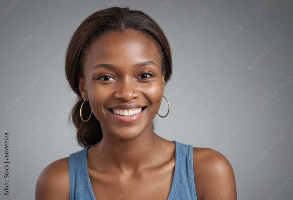 Portrait view of a regular happy smiling Guinea woman, ultra realistic, candid, social media, avatar image, plain solid background