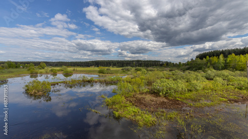 A serene view of a flooded wetland area during springtime. The sky is a mix of blue and white clouds, reflecting on the still water. Lush greenery lines the edges of the flooded area.