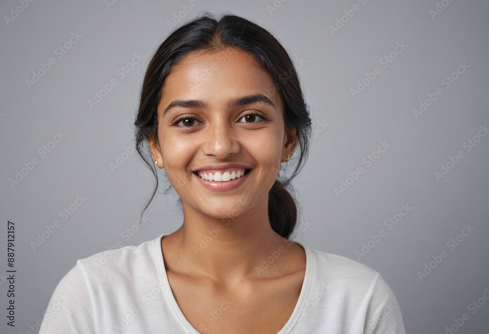 Portrait view of a regular happy smiling Mauritius woman, ultra realistic, candid, social media, avatar image, plain solid background