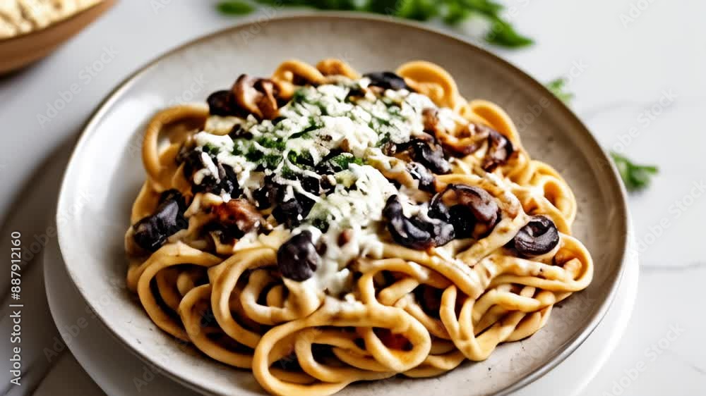 Delicious pasta dish with mushrooms and cheese ready to be savored Delicious pasta dish with mushrooms and cheese ready to be savored