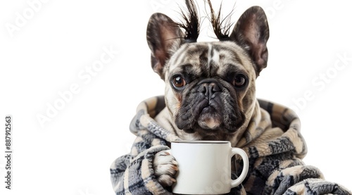 Un chien de race bouledogue français mignon et drôle en robe de chambre tenant une tasse à café sur un fond isolé. photo