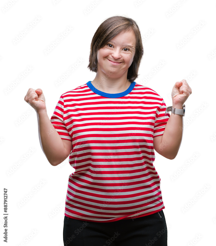Young adult woman with down syndrome over isolated background celebrating surprised and amazed for success with arms raised and open eyes. Winner concept. Young adult woman with down syndrome over isolated background celebrating surprised and amazed for success with arms raised and open eyes. Winner concept.