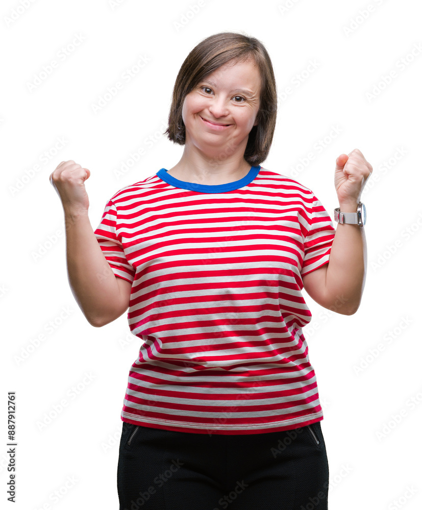 Young adult woman with down syndrome over isolated background very happy and excited doing winner gesture with arms raised, smiling and screaming for success. Celebration concept.