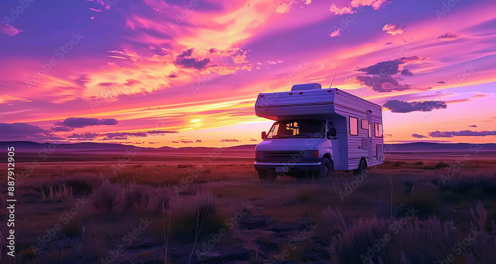 Un camping-car garé au milieu d'un champ, avec un ciel de coucher de soleil aux couleurs vibrantes. Un camping-car garé au milieu d'un champ, avec un ciel de coucher de soleil aux couleurs vibrantes.