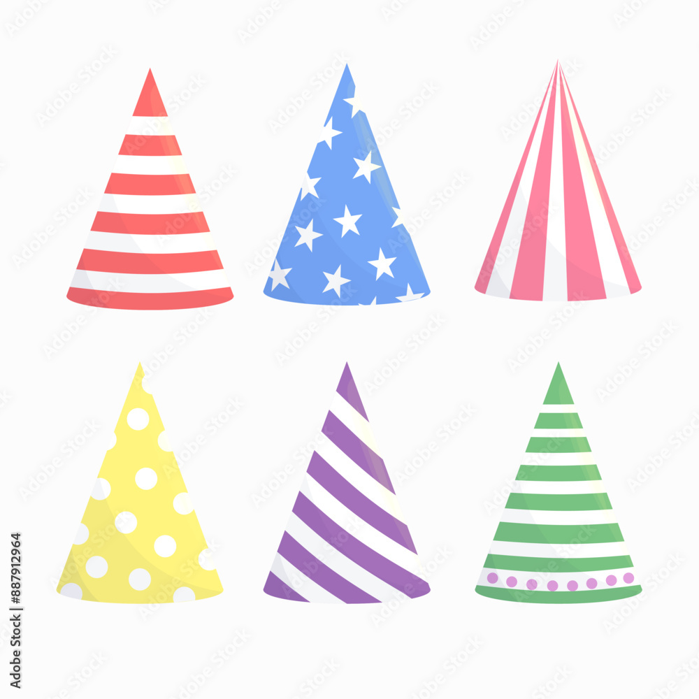 Cute party cone hats set. Birthday, event, celebration. Vector isolated on white background. Cute party cone hats set. Birthday, event, celebration. Vector isolated on white background.