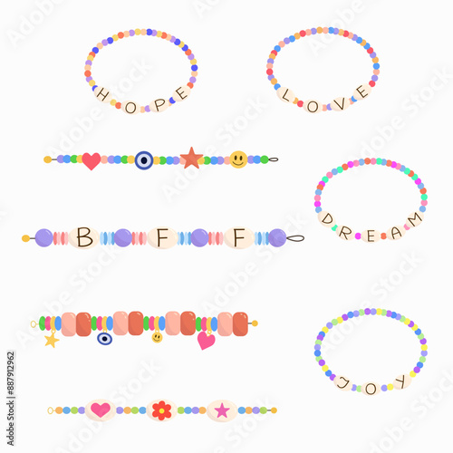 Set of kids bracelet jewelry. Plastic beads, children's handmade accessory. Words love, dream, joy, hope. Friendship bracelet, BFF, charm. Vector isolated on white background.	
