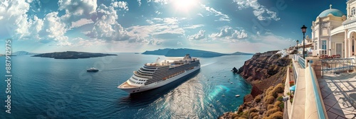 Un gigantesque bateau de croisière en méditerranée, des bâtiments blancs surplombant la mer et les falaises par une journée ensoleillée. photo