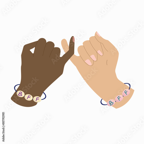Pinky promise hands with BFF bracelet. Friendship symbol, loyalty. Fingers holding. Simple vector design isolated on white background.