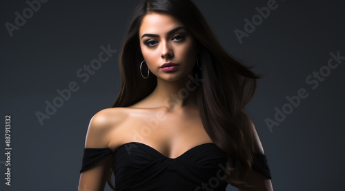 Une jeune femme brune aux cheveux longs avec un regard captivant, portant une robe noire chic assise sur un fauteuil.